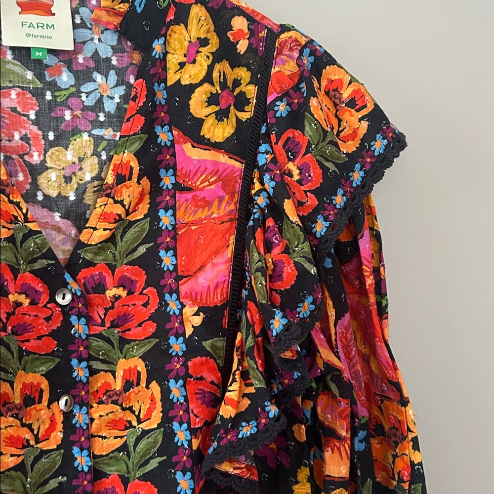 Farm Rio Boho Floral Ruffle Top Size Medium Spring Bananas Flowy Tropical - Picture 3 of 11